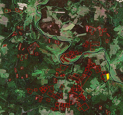 Так выглядит эта территория на сегодняшний день. Все данные подтверждены непосредственным наблюдением на местности.Желтым показано, где делянка зашла на территорию Калужской области.